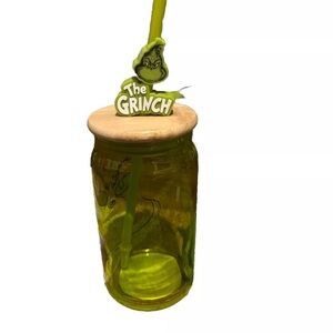 The Grinch Green Glass Jar Cup with Straw